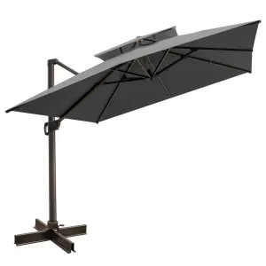 10' Dark Gray Polyester Square Tilt Cantilever Patio Umbrella with Easy Crank Lift & Stand