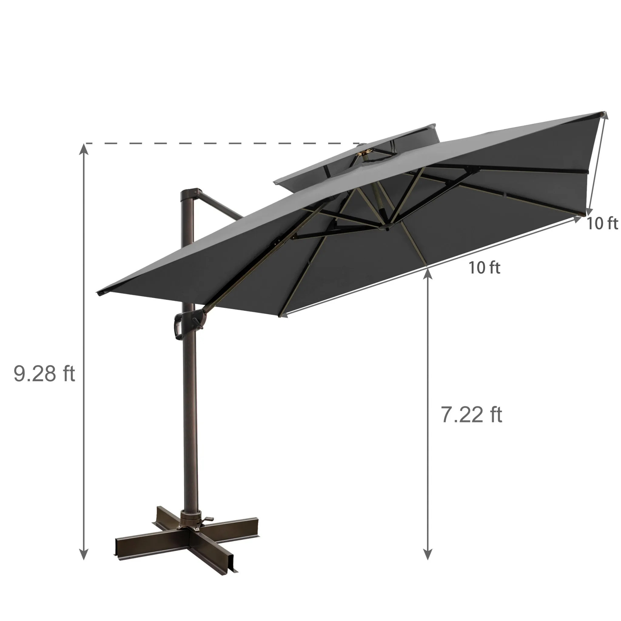 10' Dark Gray Polyester Square Tilt Cantilever Patio Umbrella with Easy Crank Lift & Stand