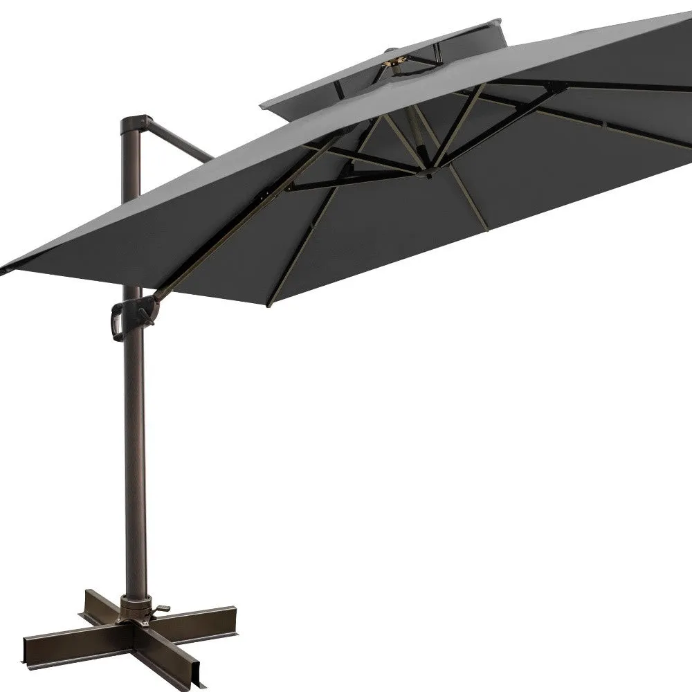 10' Dark Gray Polyester Square Tilt Cantilever Patio Umbrella with Easy Crank Lift & Stand