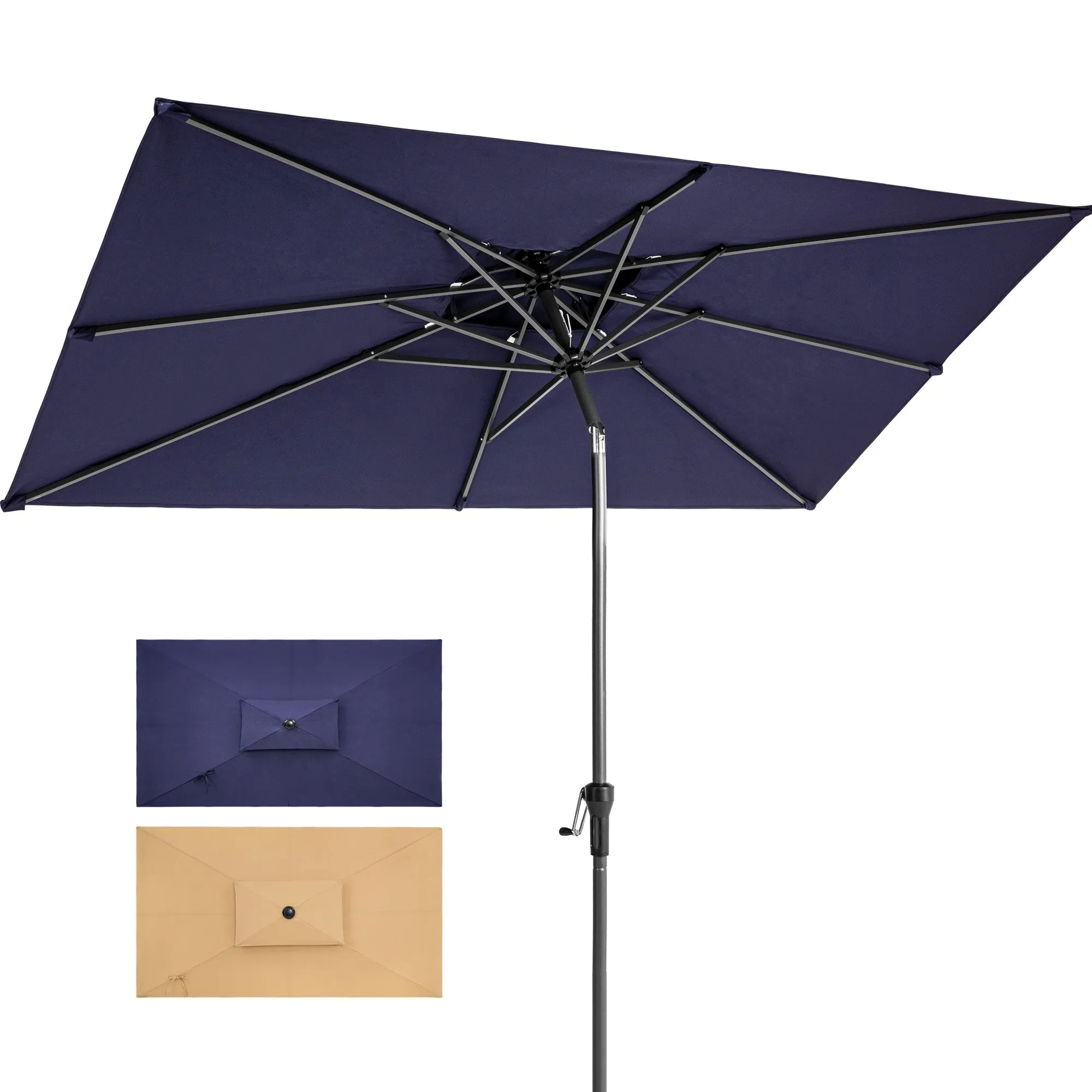 10' Navy Polyester Rectangular Tilt Market Umbrella with Stand – Stylish, Durable, Perfect for Outdoors!