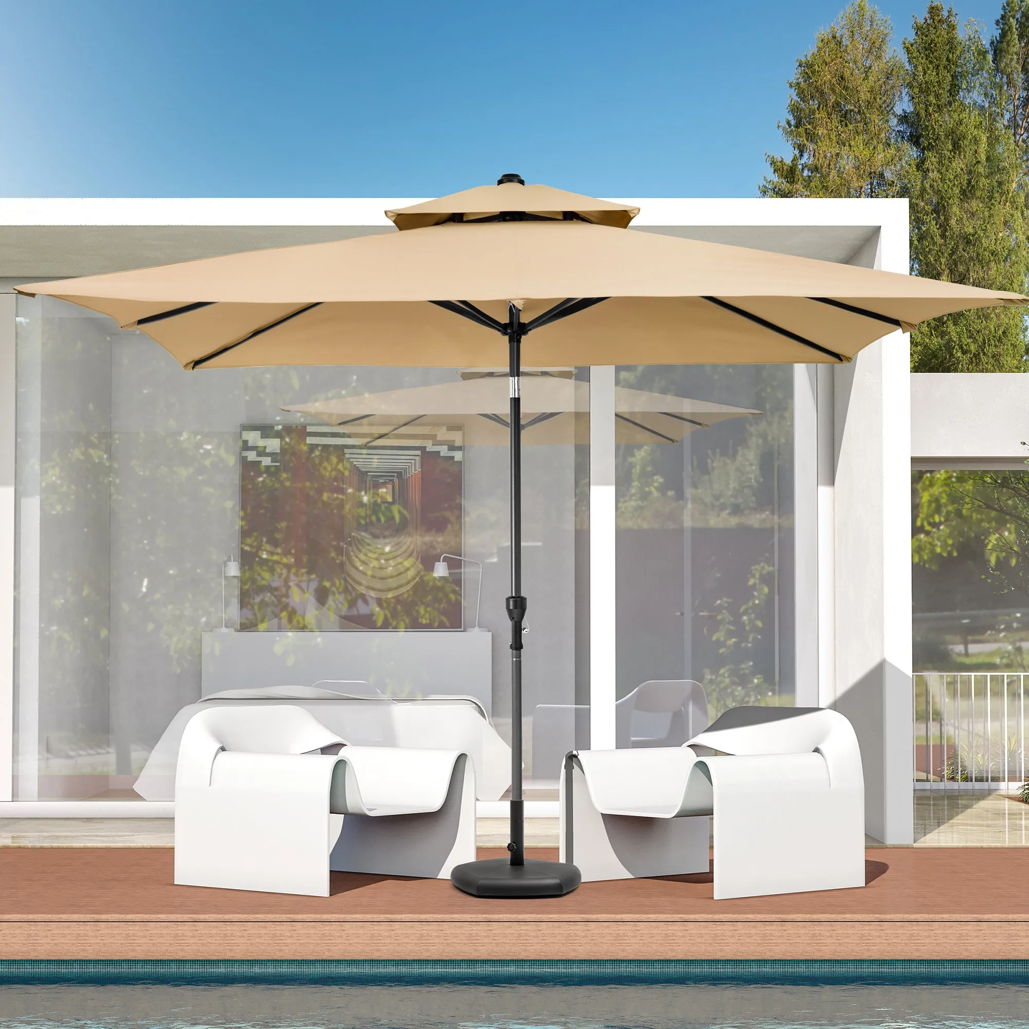 10' Tan Polyester Rectangular Tilt Market Patio Umbrella - Durable Shade Solution for Outdoor Fun!