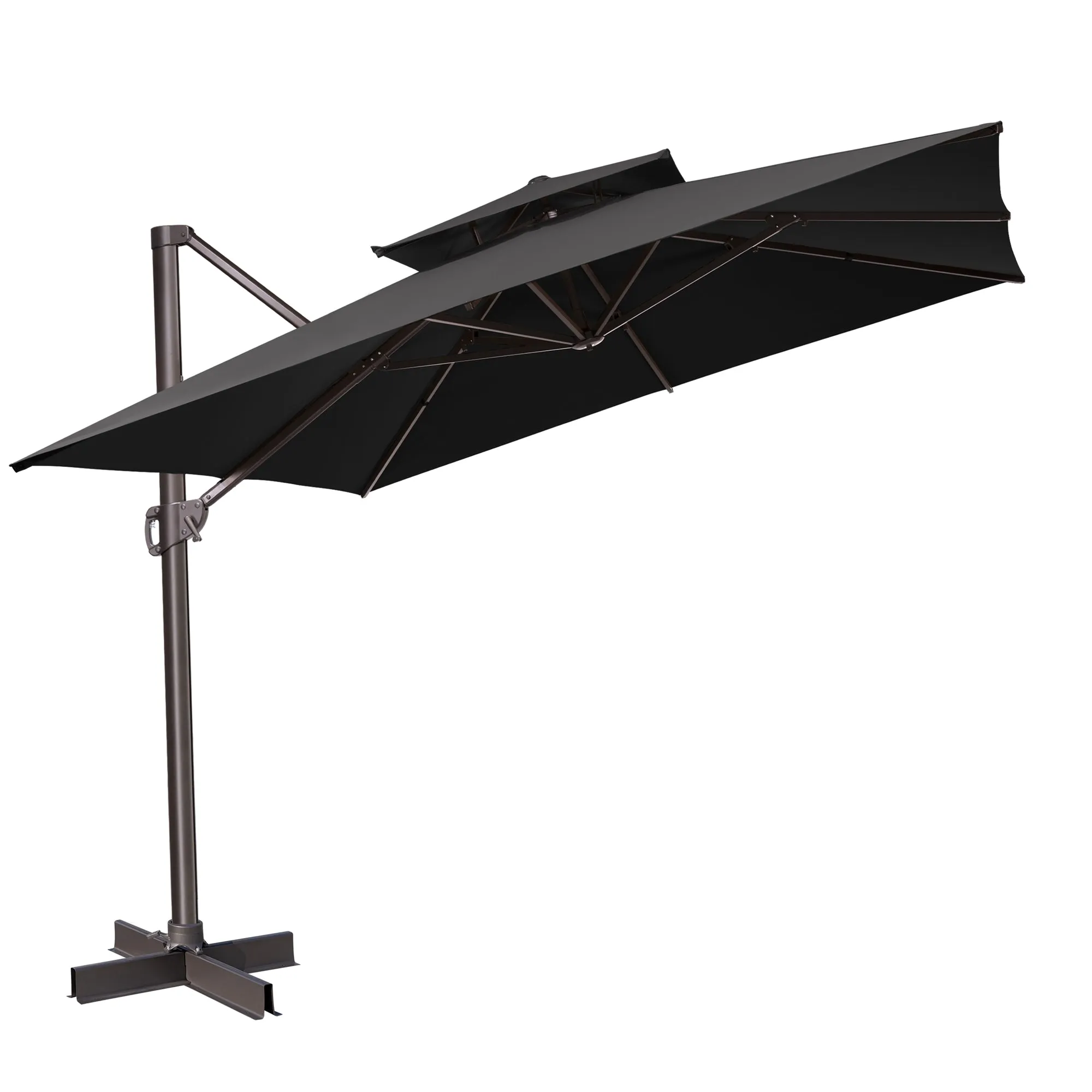 11' Black Polyester Square Tilt Cantilever Umbrella with Stand - Stylish Shade for Outdoor Relaxation