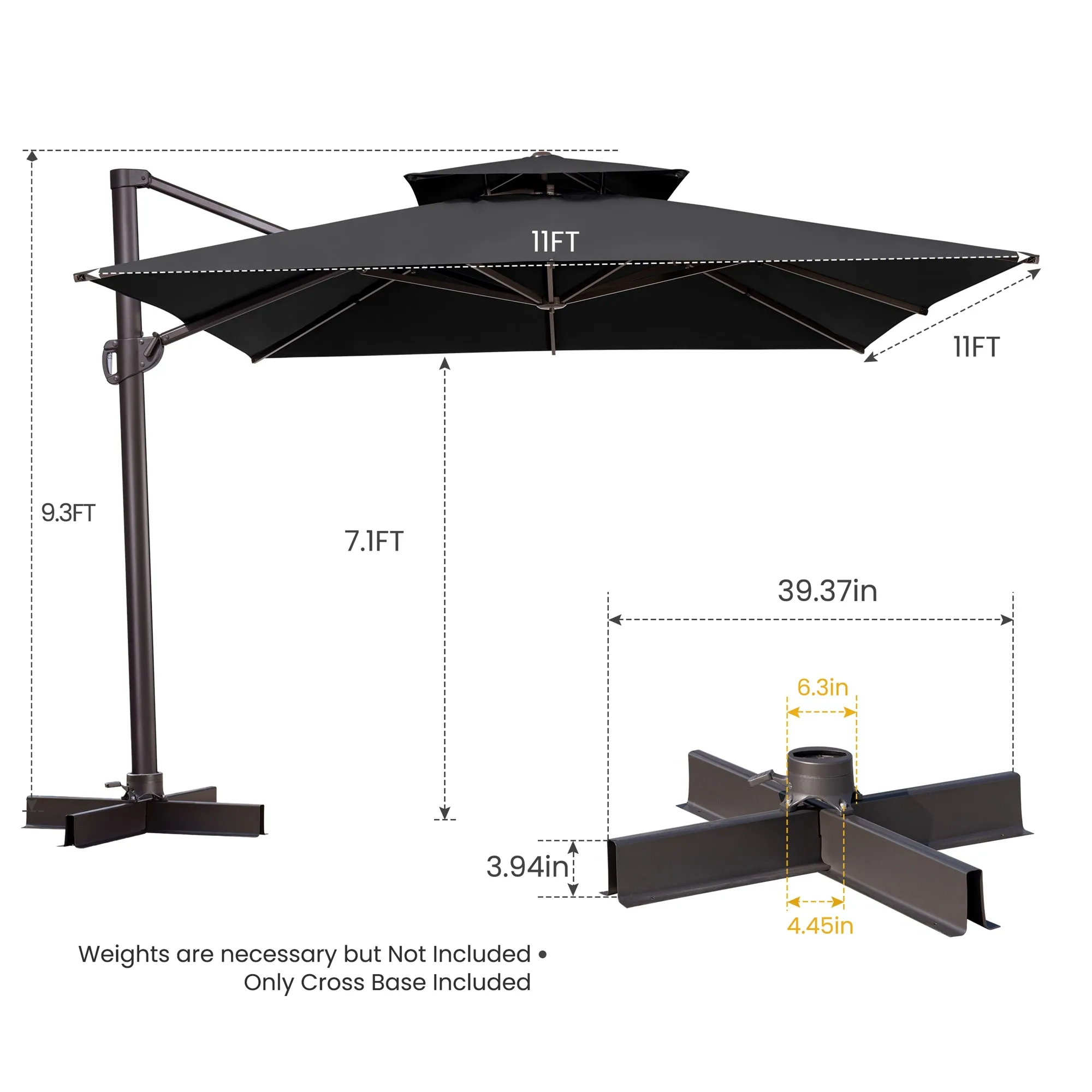 11' Black Polyester Square Tilt Cantilever Umbrella with Stand - Stylish Shade for Outdoor Relaxation