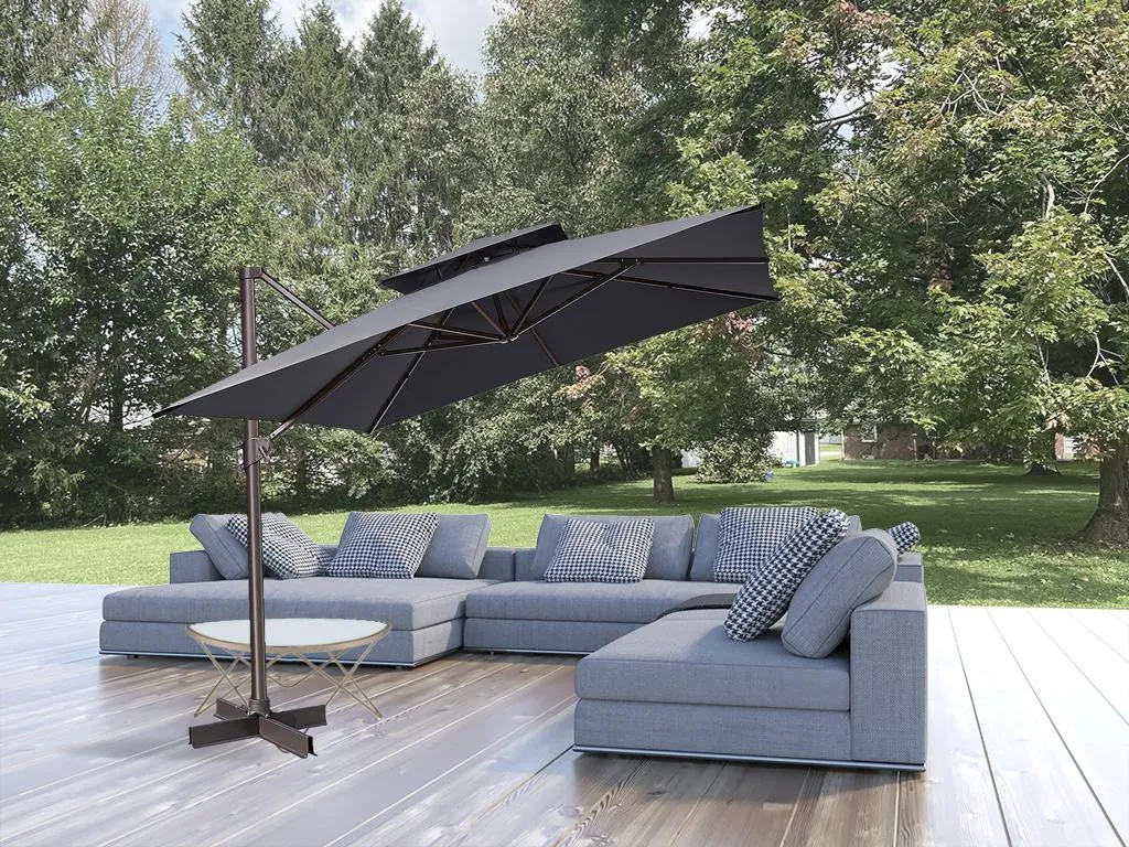 11' Dark Gray Polyester Square Tilt Cantilever Patio Umbrella with Stand - Stylish, Durable Shade Solutions!