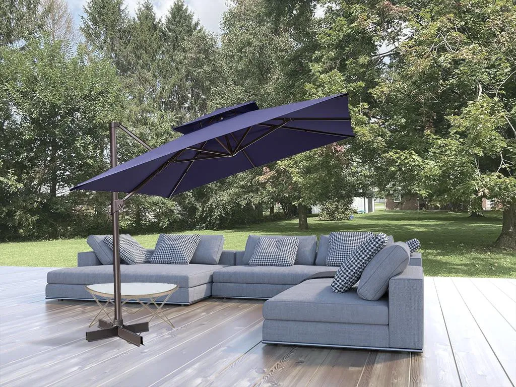 11' Navy Blue Polyester Square Tilt Cantilever Patio Umbrella with Stand - Stylish Outdoor Shade Solution