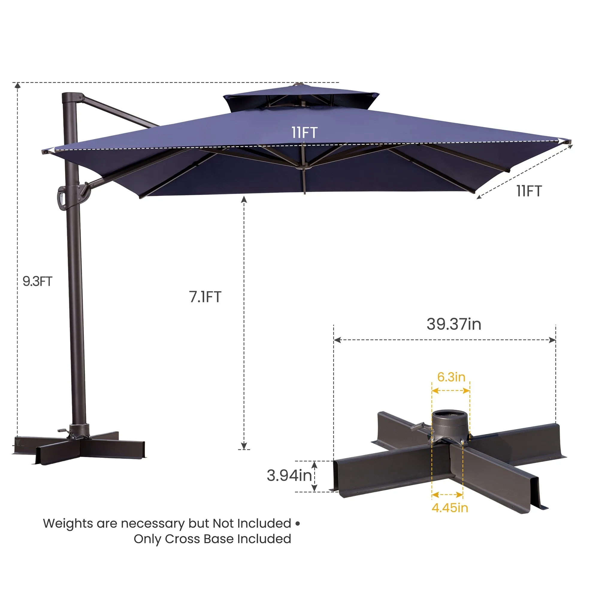 11' Navy Blue Polyester Square Tilt Cantilever Patio Umbrella with Stand - Stylish Outdoor Shade Solution