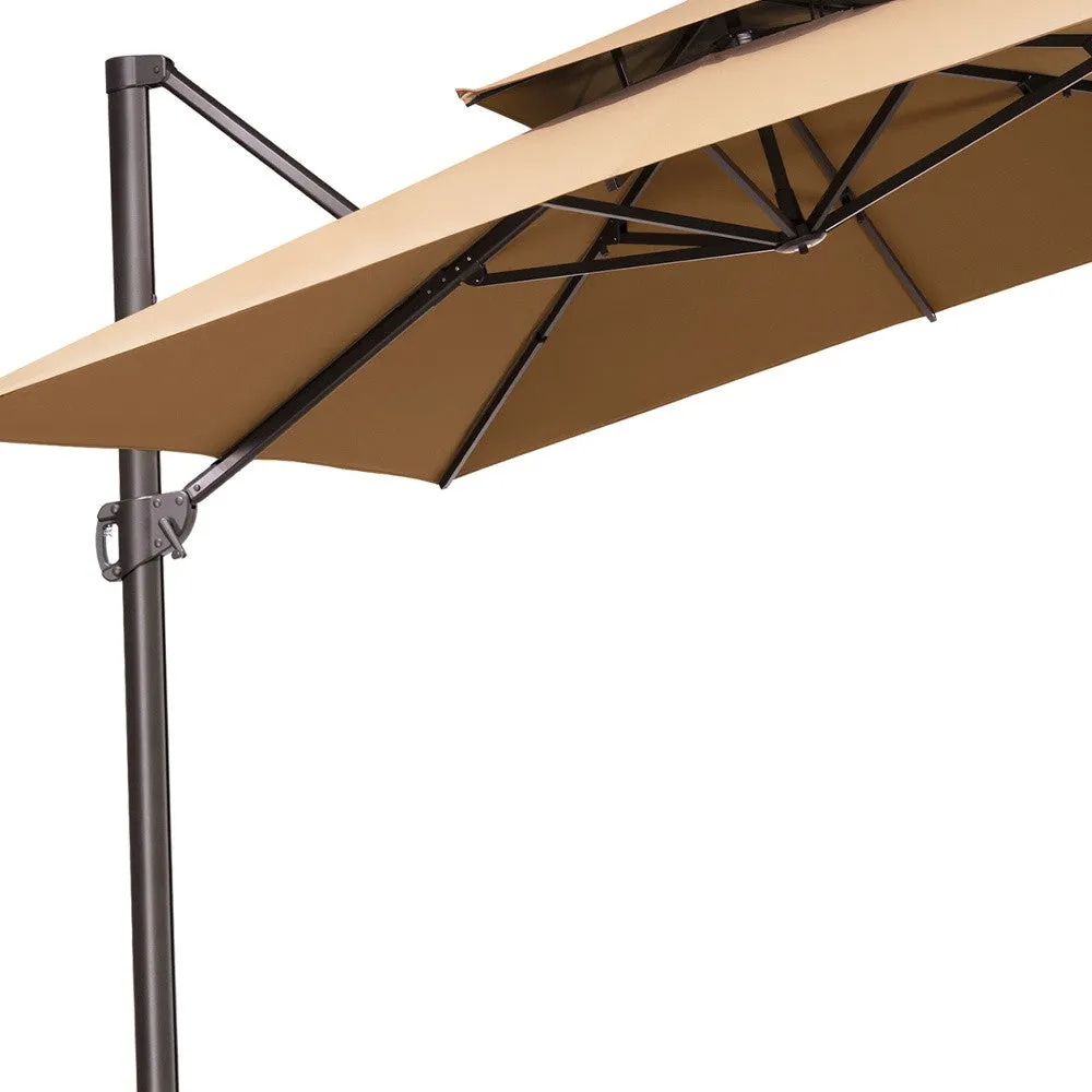 11' Tan Polyester Square Tilt Cantilever Patio Umbrella with Stand - Stylish Shade for Outdoor Relaxation