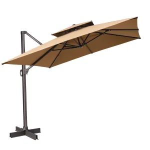 11' Tan Polyester Square Tilt Cantilever Patio Umbrella with Stand - Stylish Shade for Outdoor Relaxation