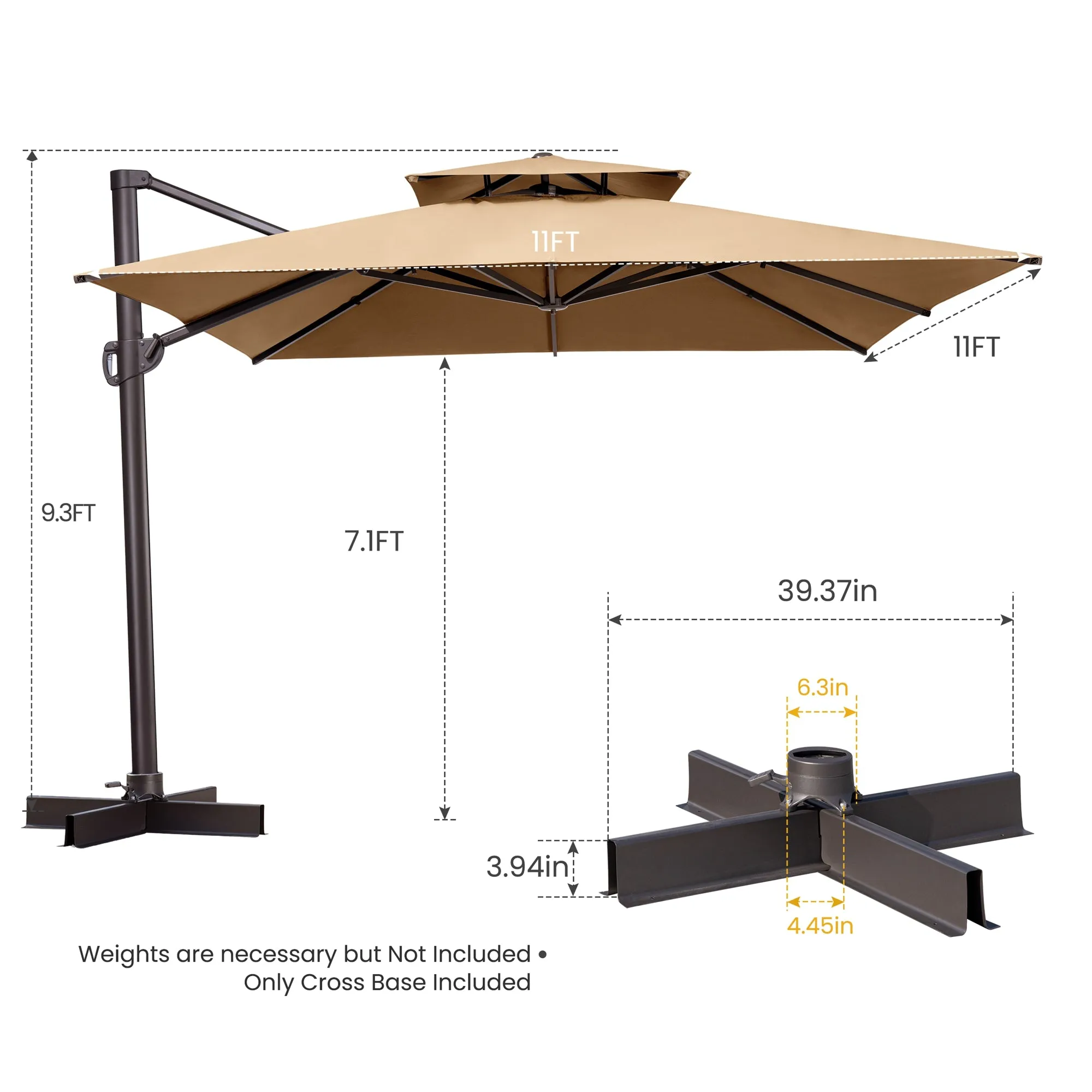 11' Tan Polyester Square Tilt Cantilever Patio Umbrella with Stand - Stylish Shade for Outdoor Relaxation