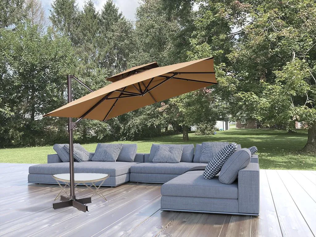 11' Tan Polyester Square Tilt Cantilever Patio Umbrella with Stand - Stylish Shade for Outdoor Relaxation