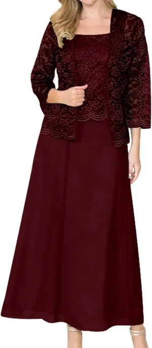 2 Piece Tea Length Chiffon Mother of The Bride Dresses with Jacket Lace Sparkling Beaded Formal Wedding Guest Gowns