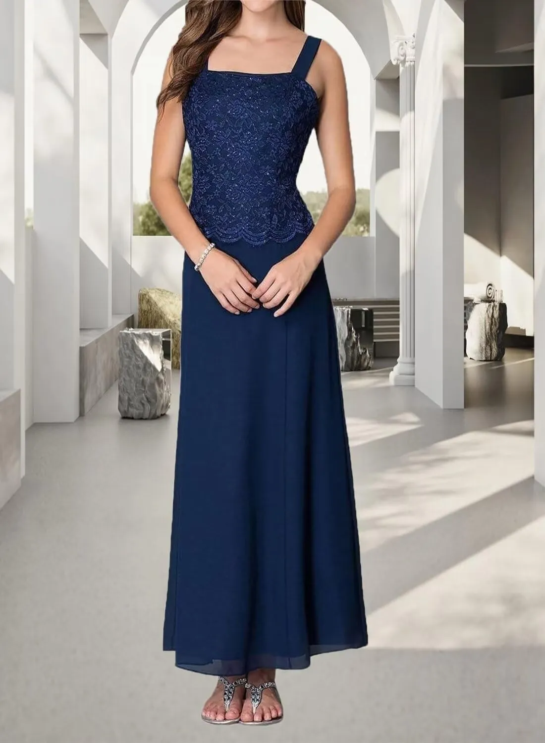 2 Piece Tea Length Chiffon Mother of The Bride Dresses with Jacket Lace Sparkling Beaded Formal Wedding Guest Gowns