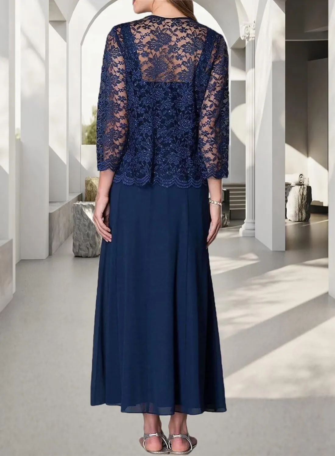 2 Piece Tea Length Chiffon Mother of The Bride Dresses with Jacket Lace Sparkling Beaded Formal Wedding Guest Gowns