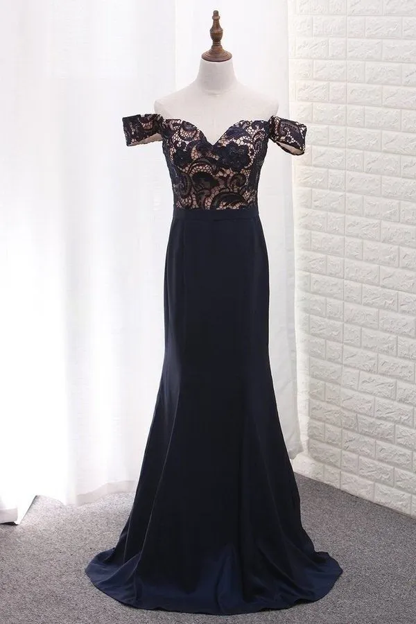 2024 Mermaid Off The Shoulder Elastic Satin & Lace Prom Dresses PPMD6DPJ