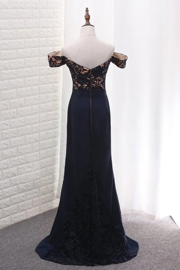 2024 Mermaid Off The Shoulder Elastic Satin & Lace Prom Dresses PPMD6DPJ