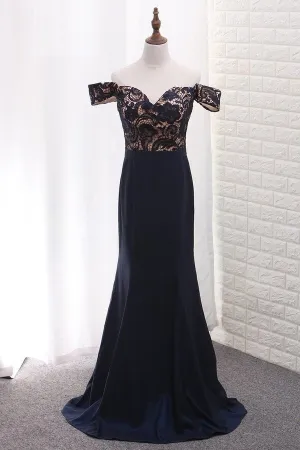 2024 Mermaid Off The Shoulder Elastic Satin & Lace Prom Dresses PPMD6DPJ