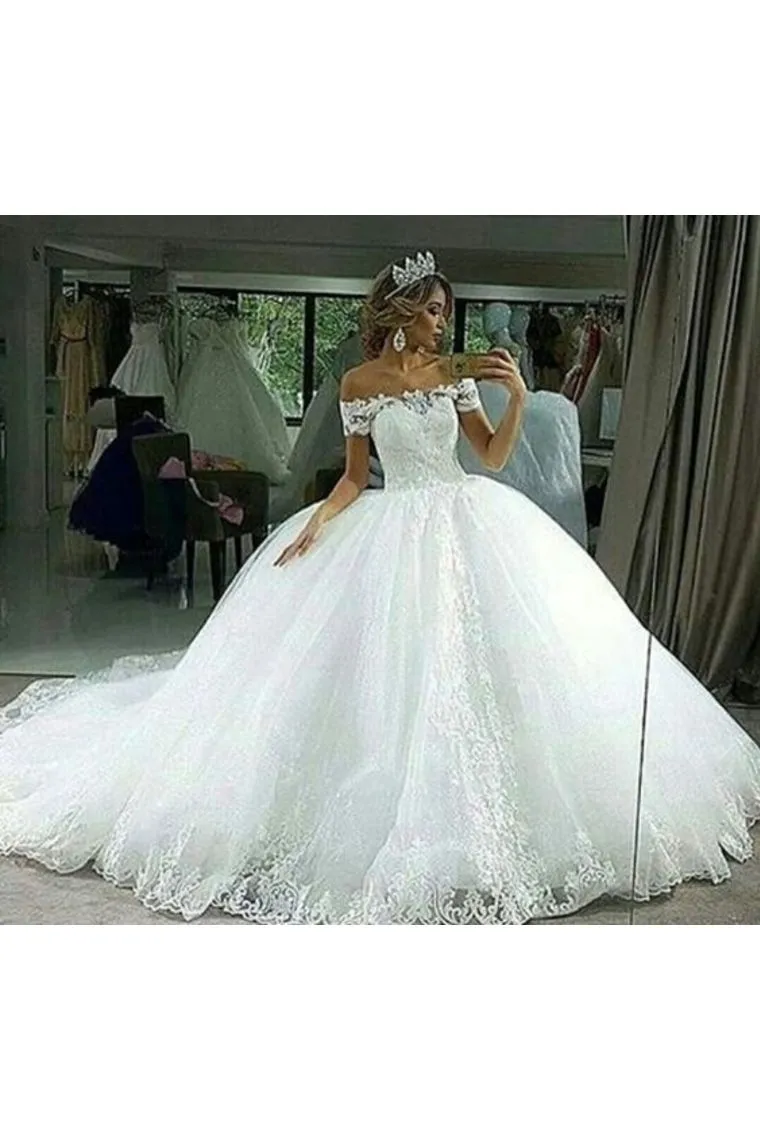 2024 Off The Shoulder A Line Wedding Dresses Tulle With Applique Chapel Train