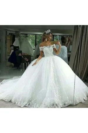 2024 Off The Shoulder A Line Wedding Dresses Tulle With Applique Chapel Train