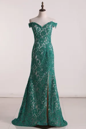 2024 Off The Shoulder Sheath Prom Dresses Lace With Slit Sweep Train