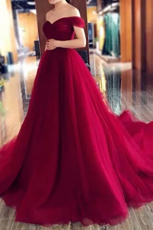 2024 Off The Shoulder Tulle A Line Prom Dresses With Ruffles