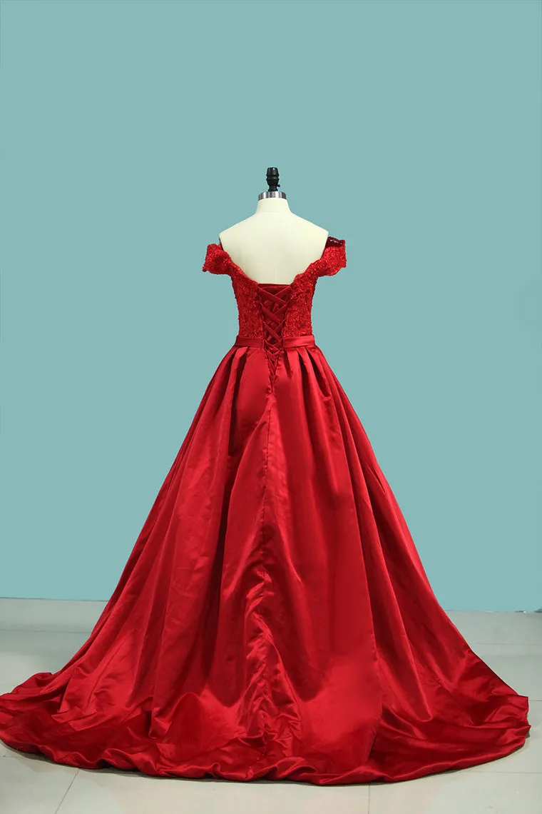 2024 Prom Dresses A Line Off The Shoulder Satin With Applique