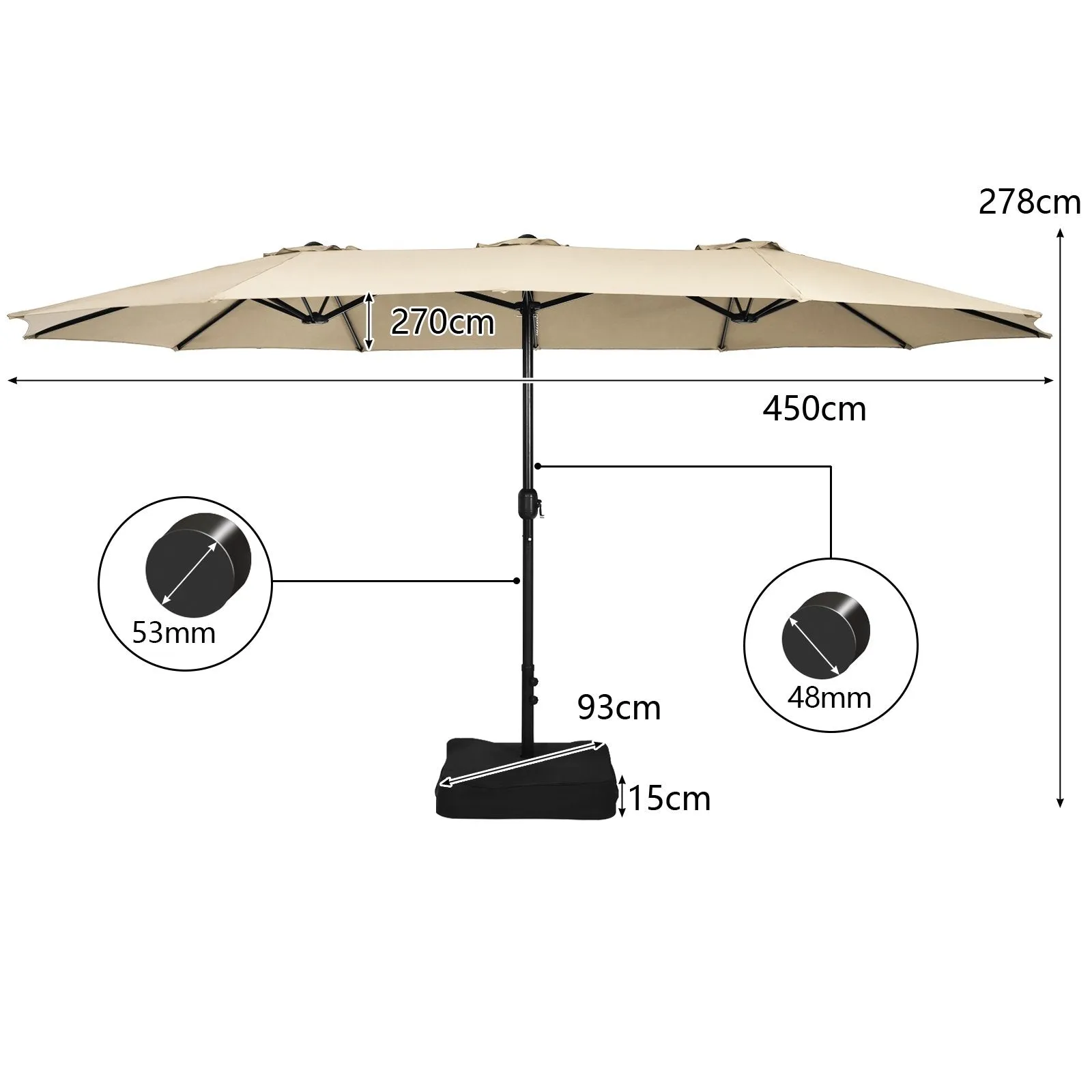 450cm Double-Sided Patio Umbrella with Base and Hand-Crank System-Beige