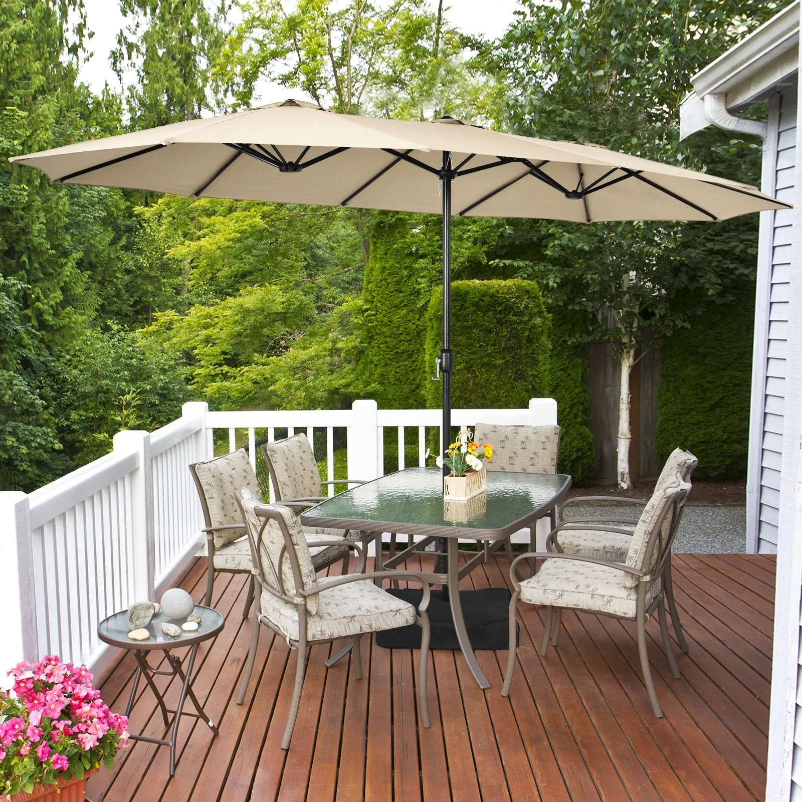 450cm Double-Sided Patio Umbrella with Base and Hand-Crank System-Beige