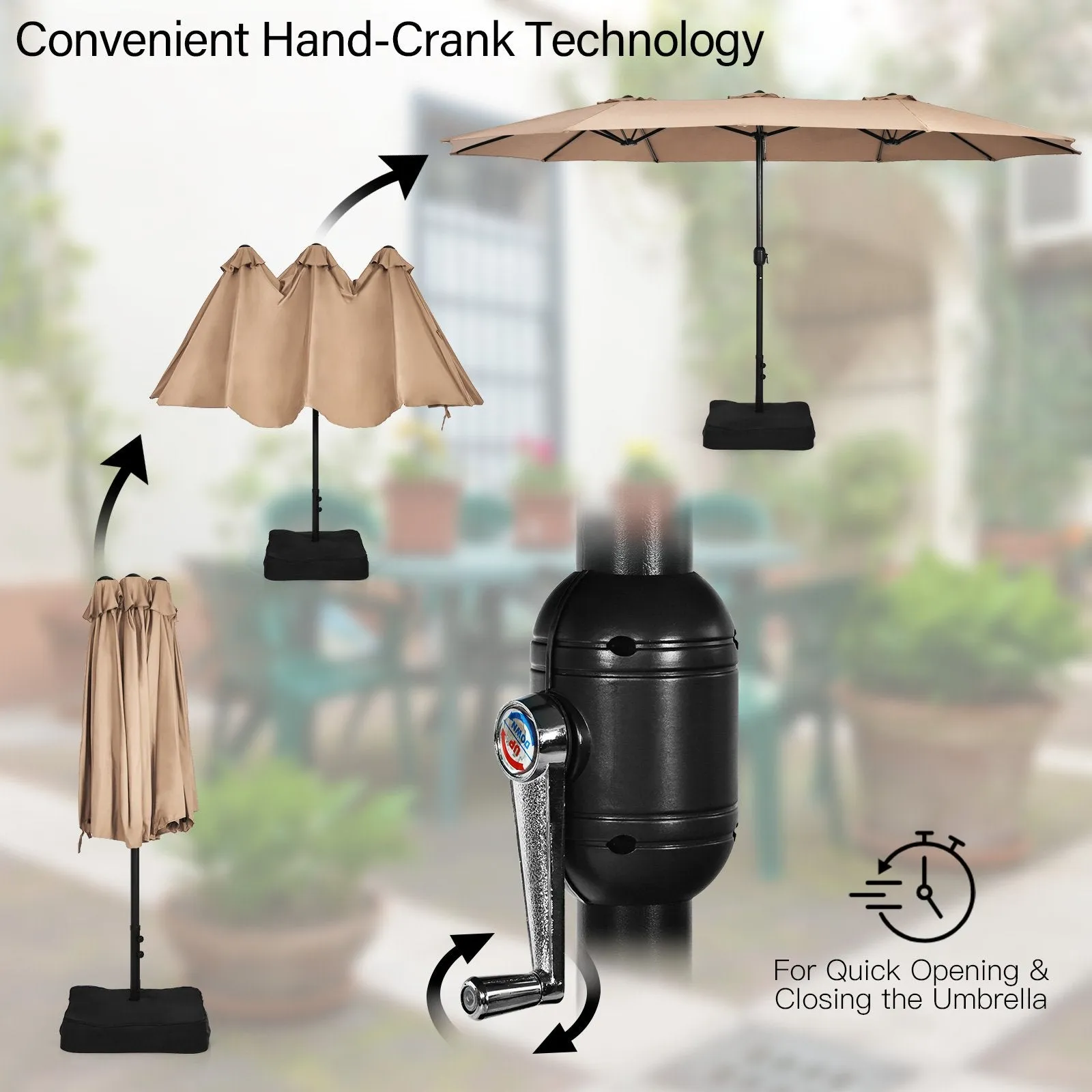 450cm Double-Sided Patio Umbrella with Base and Hand-Crank System-Coffee