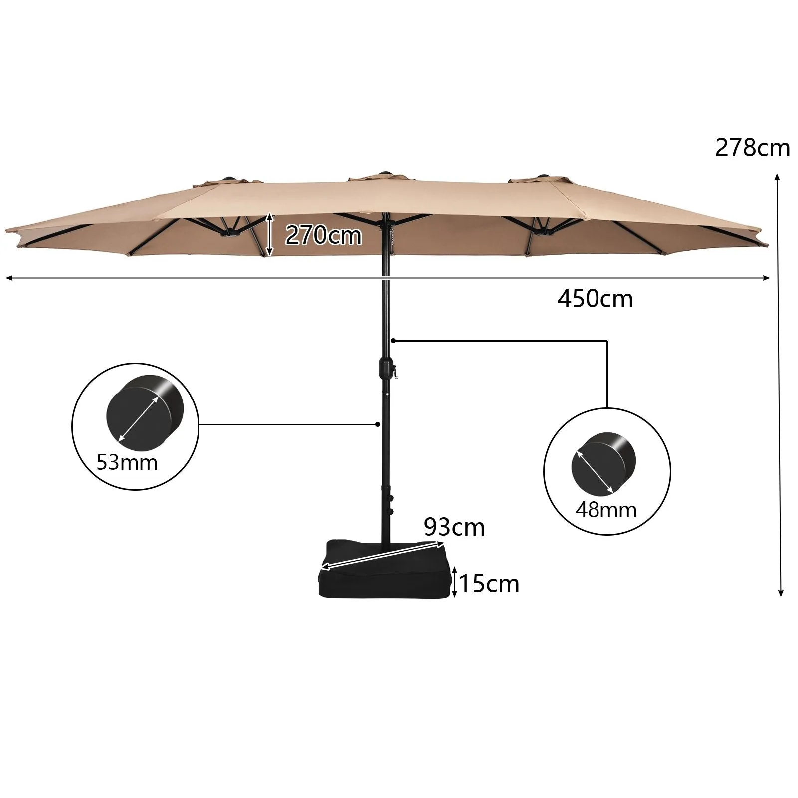 450cm Double-Sided Patio Umbrella with Base and Hand-Crank System-Coffee
