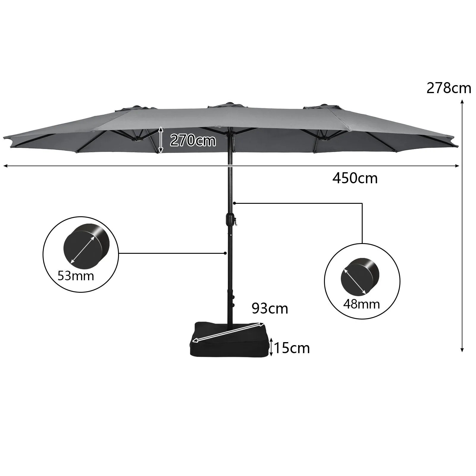 450cm Double-Sided Patio Umbrella with Base and Hand-Crank System-Grey