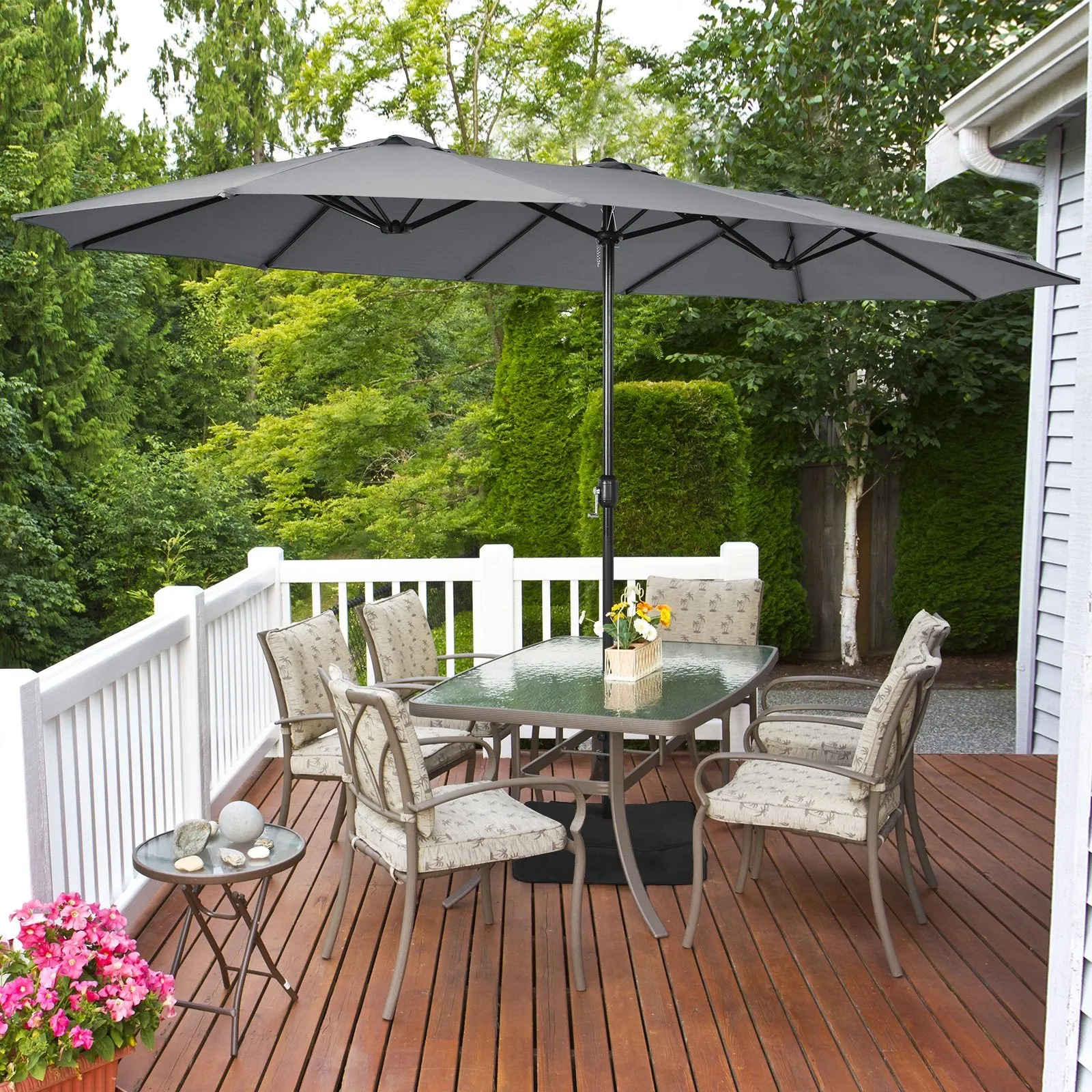 450cm Double-Sided Patio Umbrella with Base and Hand-Crank System-Grey