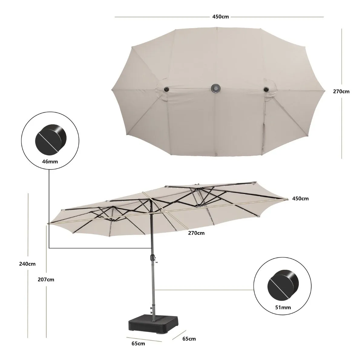 450cm Double-Sided Patio Umbrella with Solar Lights-Beige