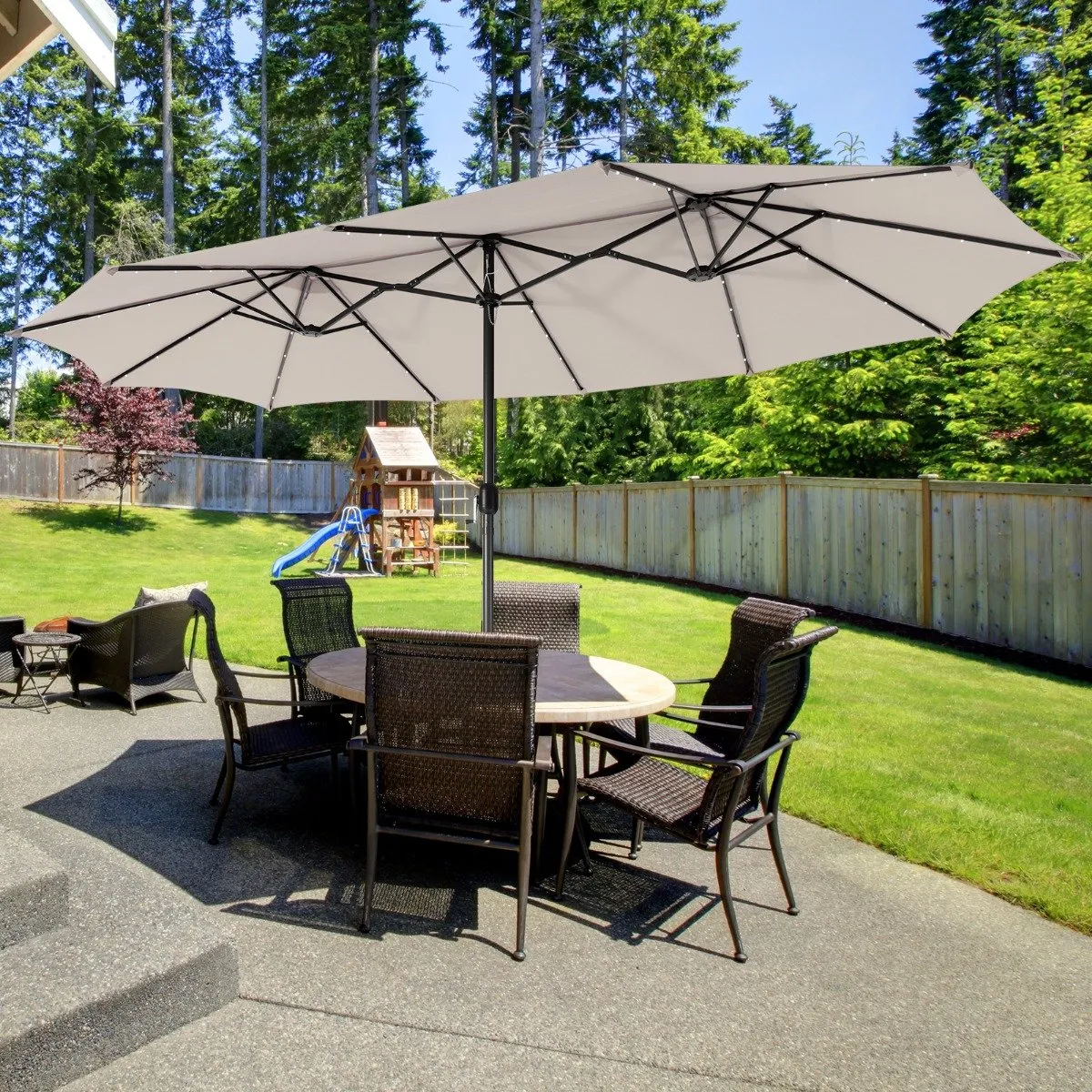 450cm Double-Sided Patio Umbrella with Solar Lights-Beige