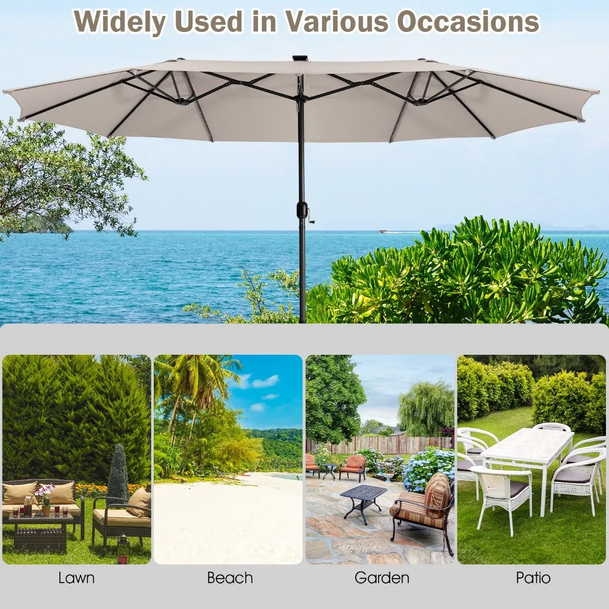 450cm Double-Sided Patio Umbrella with Solar Lights-Beige