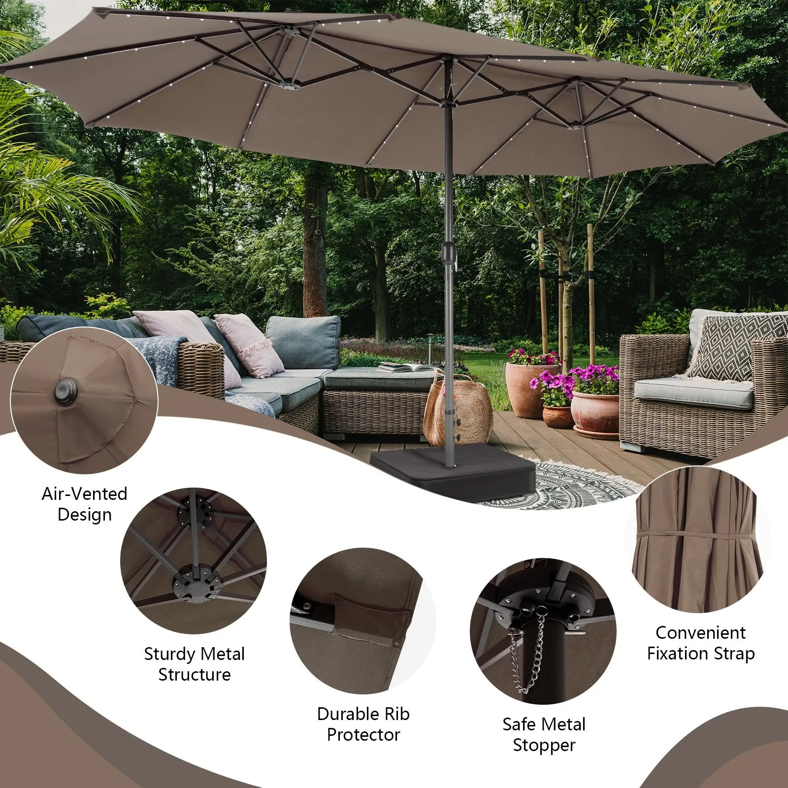 450cm Double-Sided Patio Umbrella with Solar Lights -Coffee