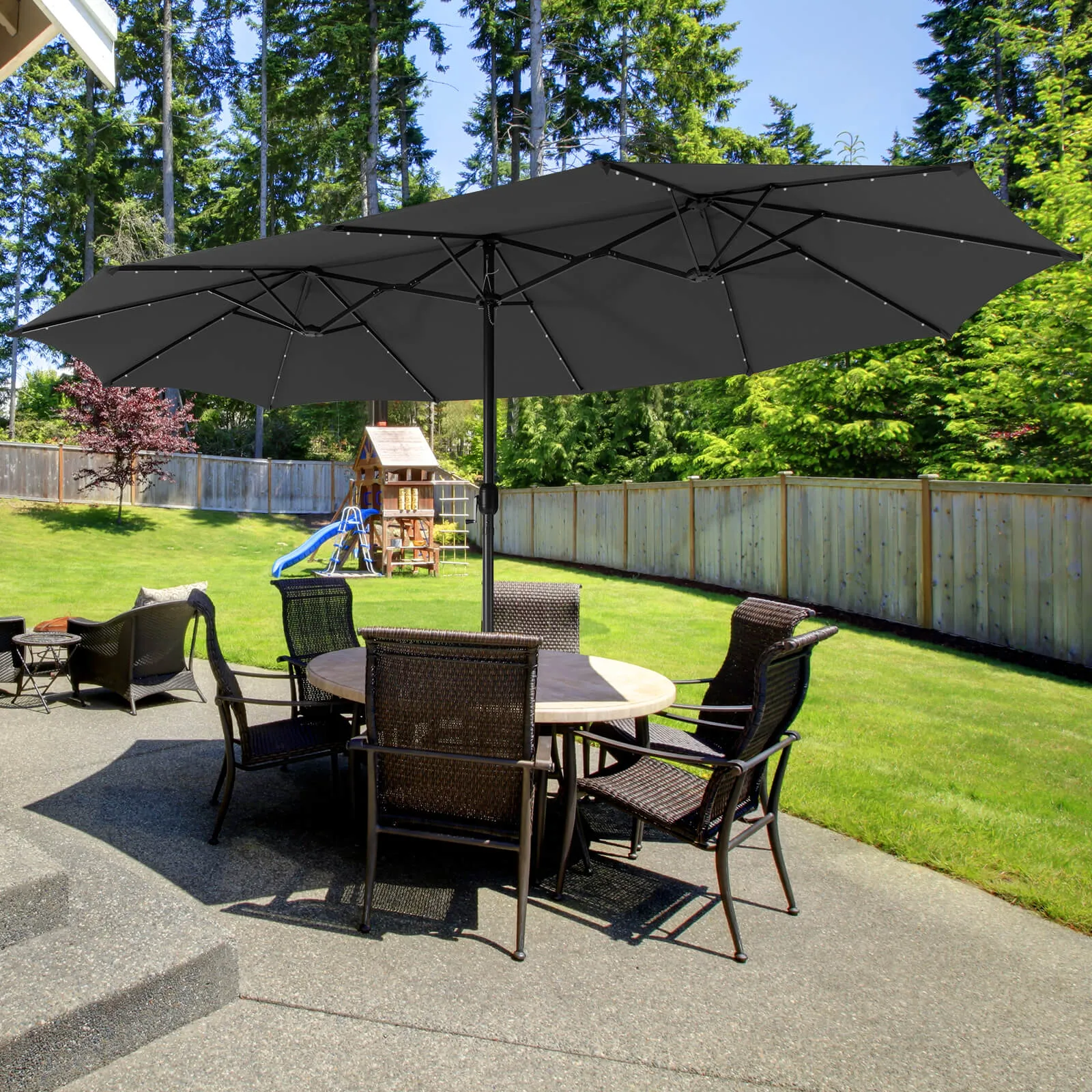 450cm Double-Sided Patio Umbrella with Solar Lights-Grey