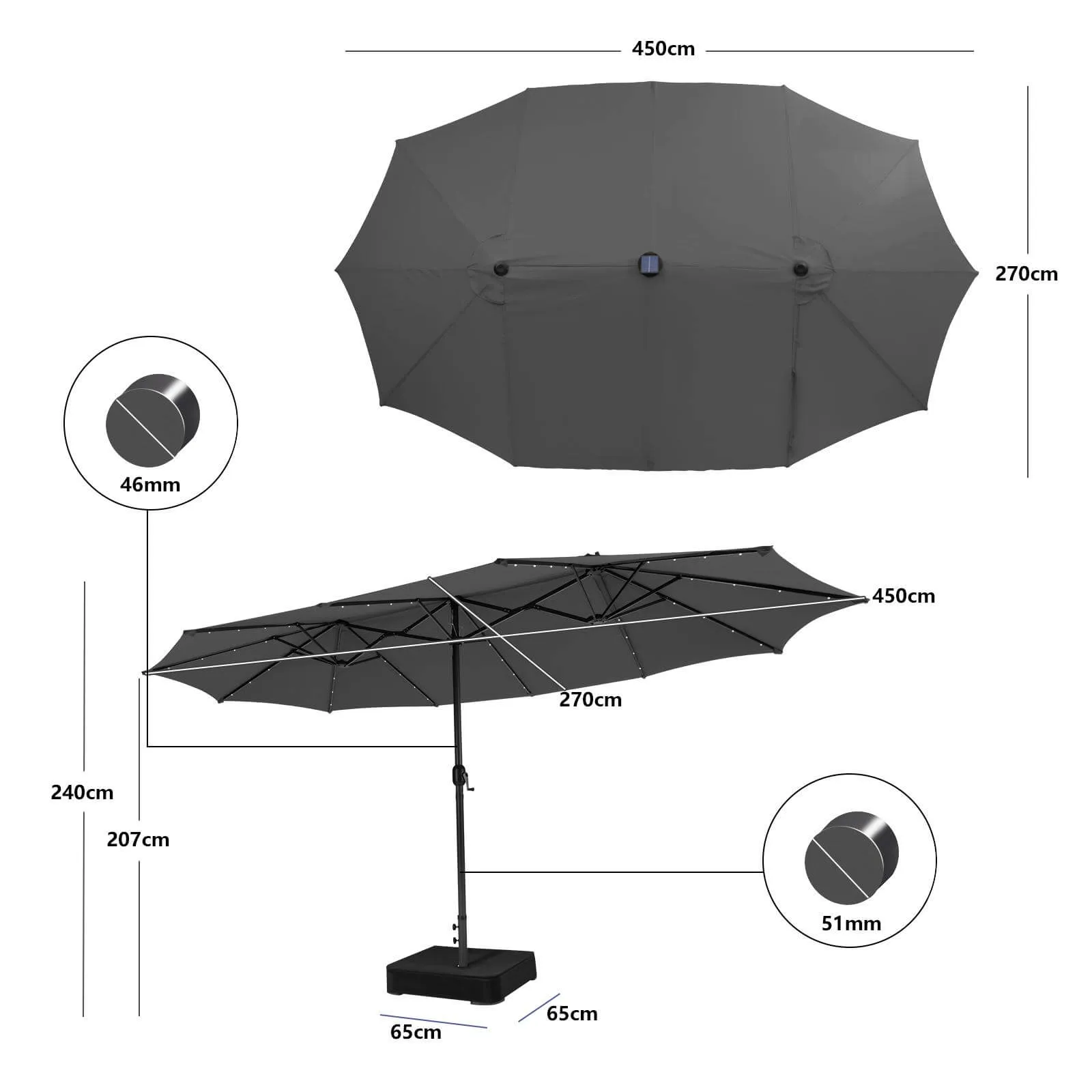 450cm Double-Sided Patio Umbrella with Solar Lights-Grey