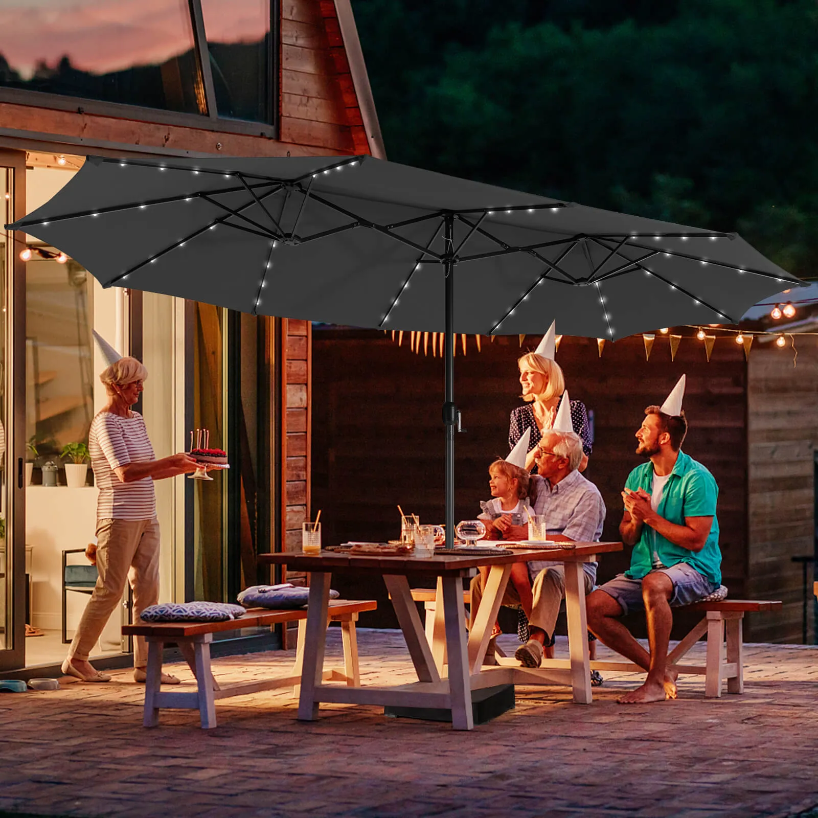 450cm Double-Sided Patio Umbrella with Solar Lights-Grey