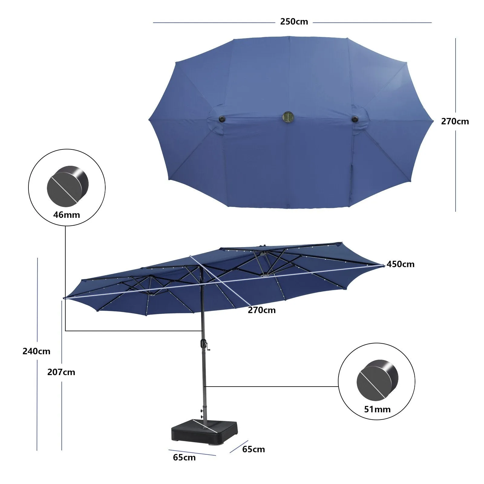 450cm Double-Sided Patio Umbrella with Solar Lights -Navy