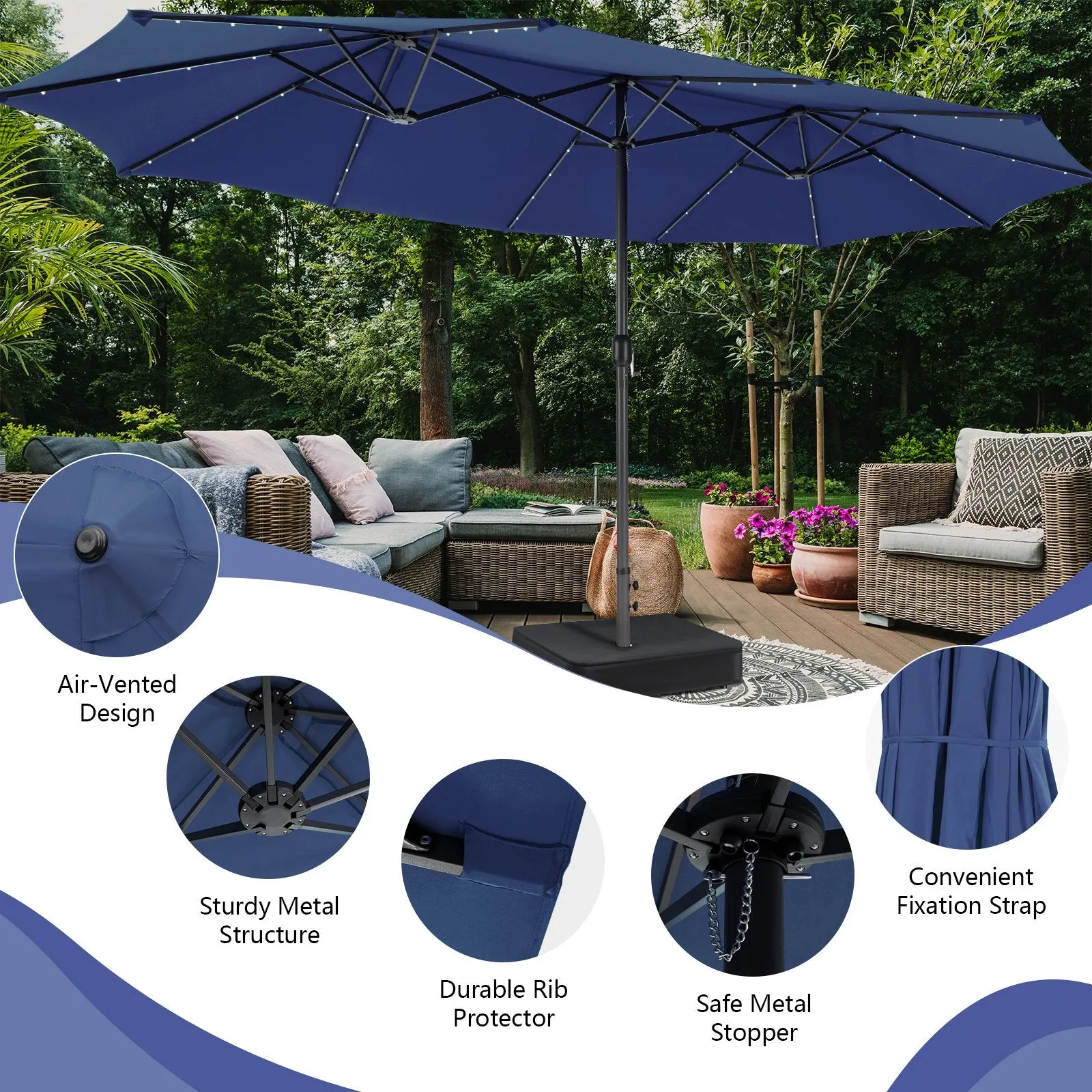 450cm Double-Sided Patio Umbrella with Solar Lights -Navy