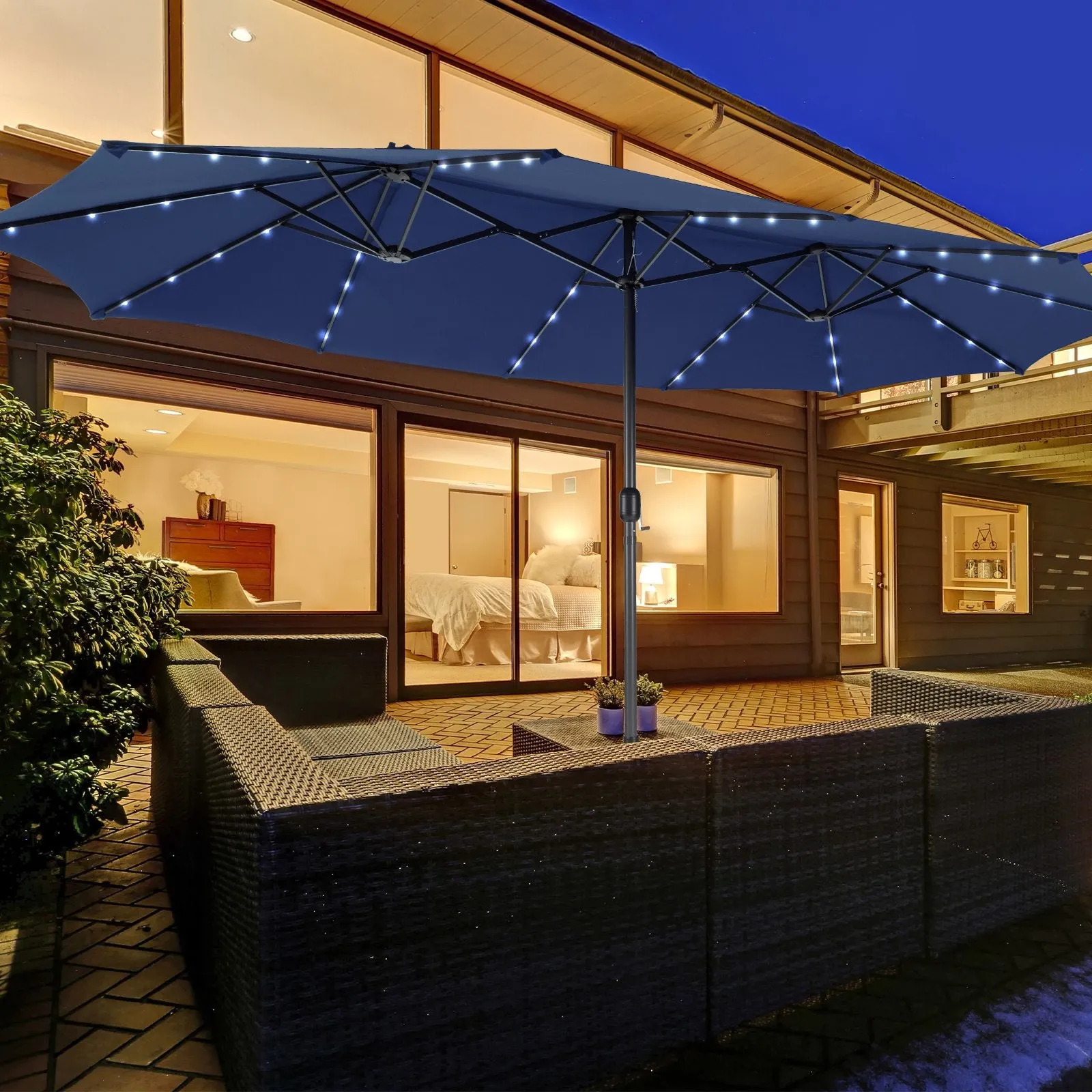 450cm Double-Sided Patio Umbrella with Solar Lights -Navy