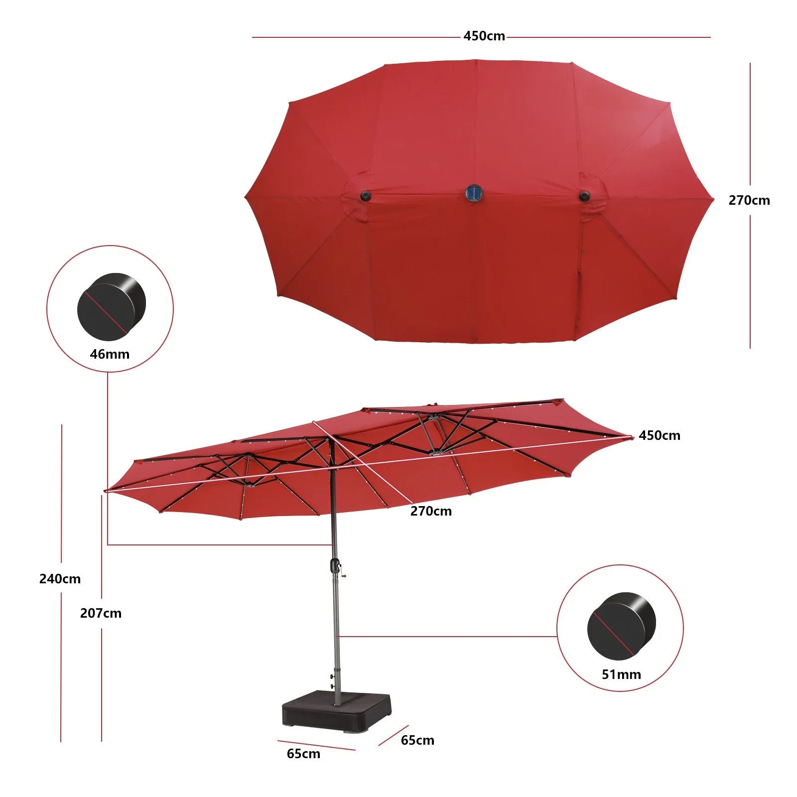 450cm Double-Sided Patio Umbrella with Solar Lights -Wine