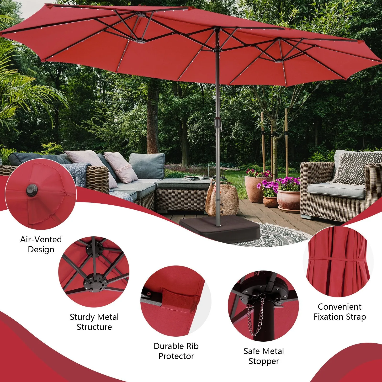 450cm Double-Sided Patio Umbrella with Solar Lights -Wine