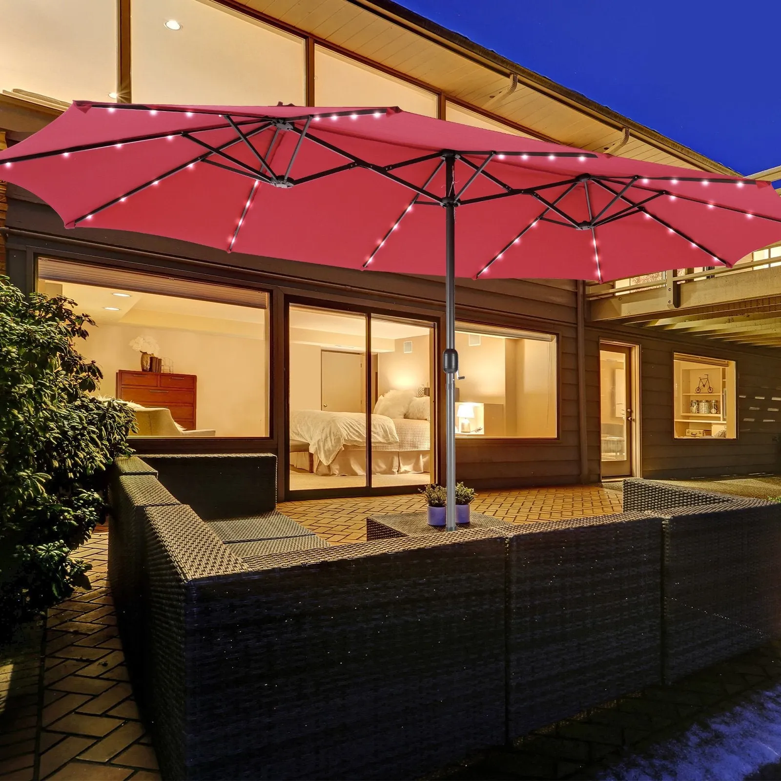 450cm Double-Sided Patio Umbrella with Solar Lights -Wine