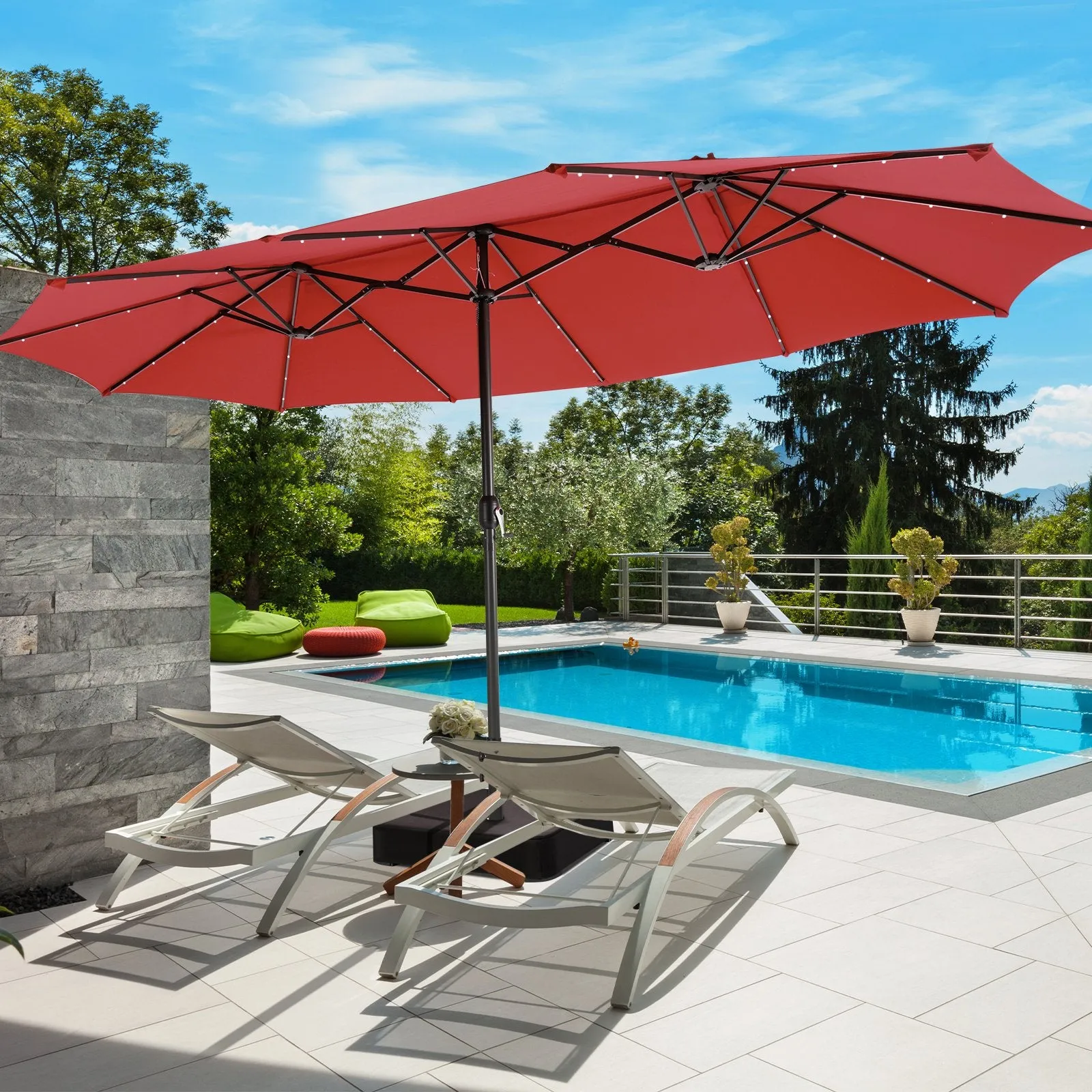 450cm Double-Sided Patio Umbrella with Solar Lights -Wine
