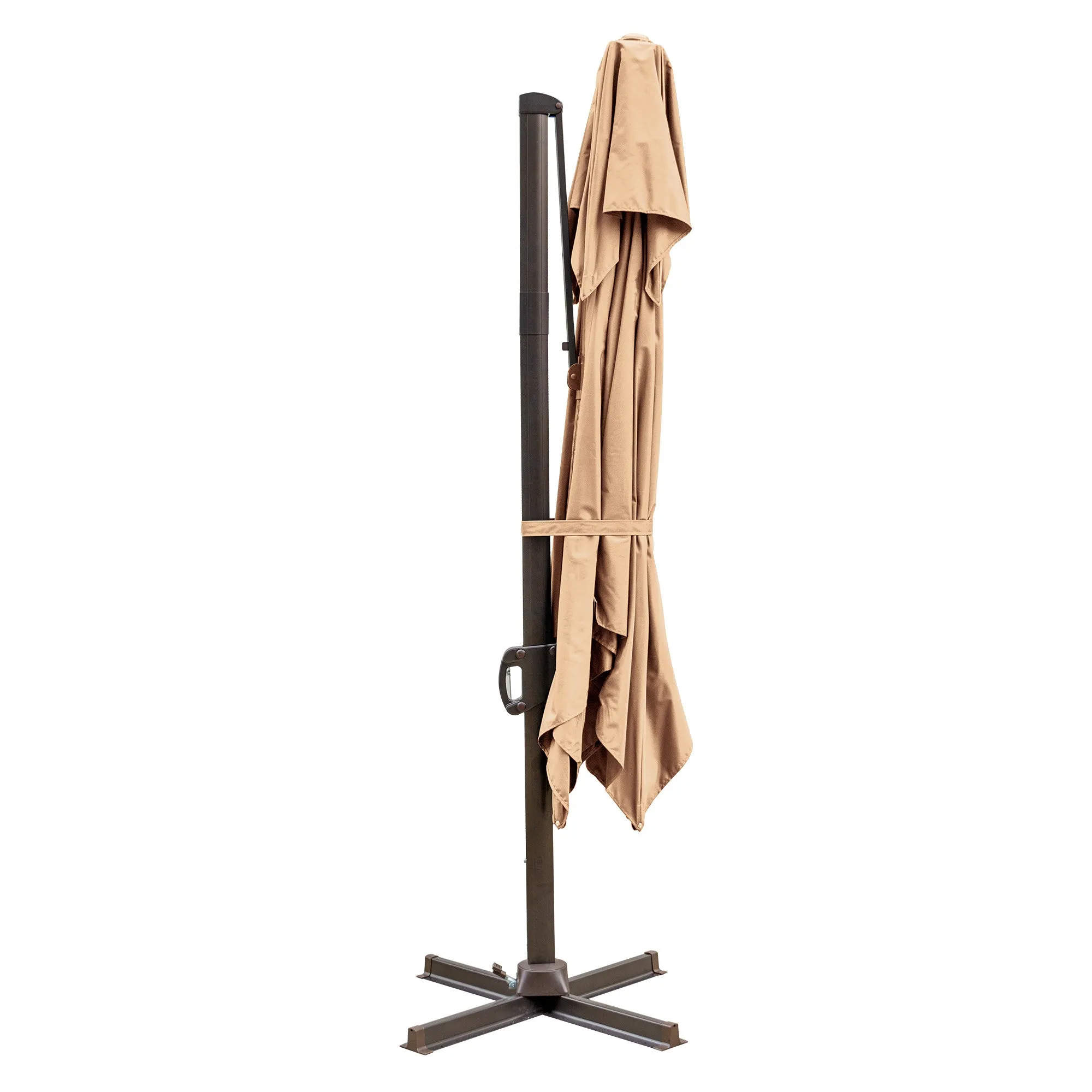 485657 10' Tan Polyester Square Tilt Cantilever Patio Umbrella with Stand for Stylish Outdoor Shade