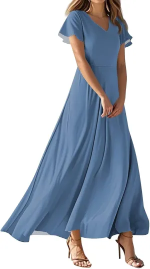 4Th of July Maxi Dresses for Women 2025 Summer Chiffon Ruffle Flowy Swing A Line Dress Short Sleeve Floral Frocks