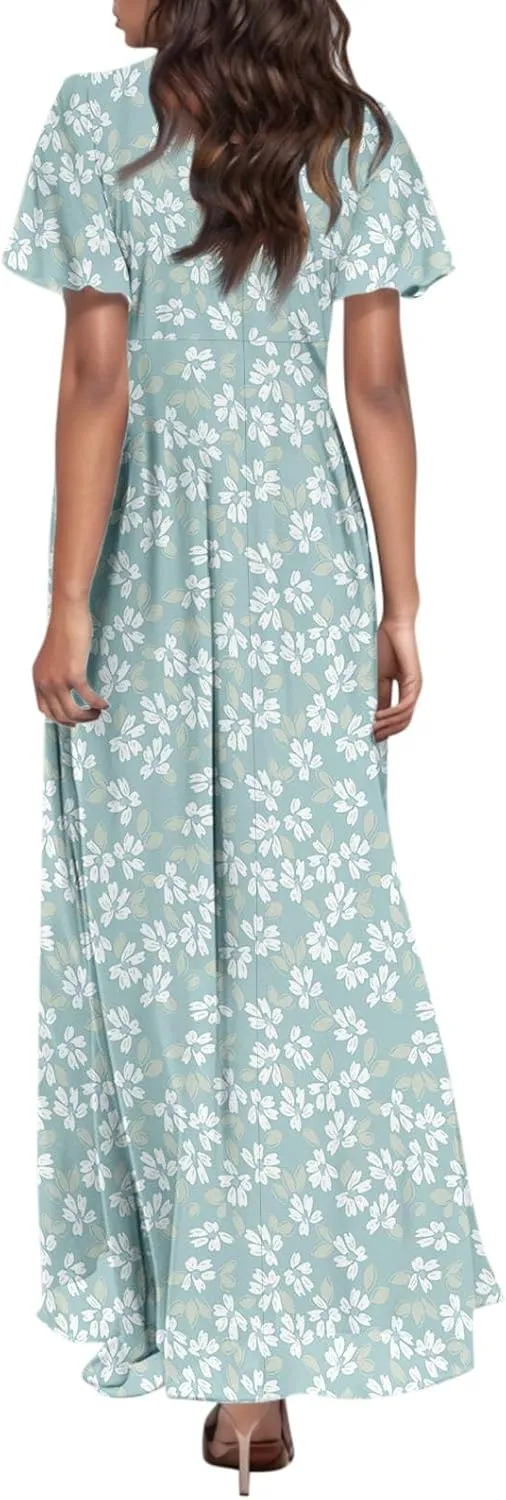 4Th of July Maxi Dresses for Women 2025 Summer Chiffon Ruffle Flowy Swing A Line Dress Short Sleeve Floral Frocks