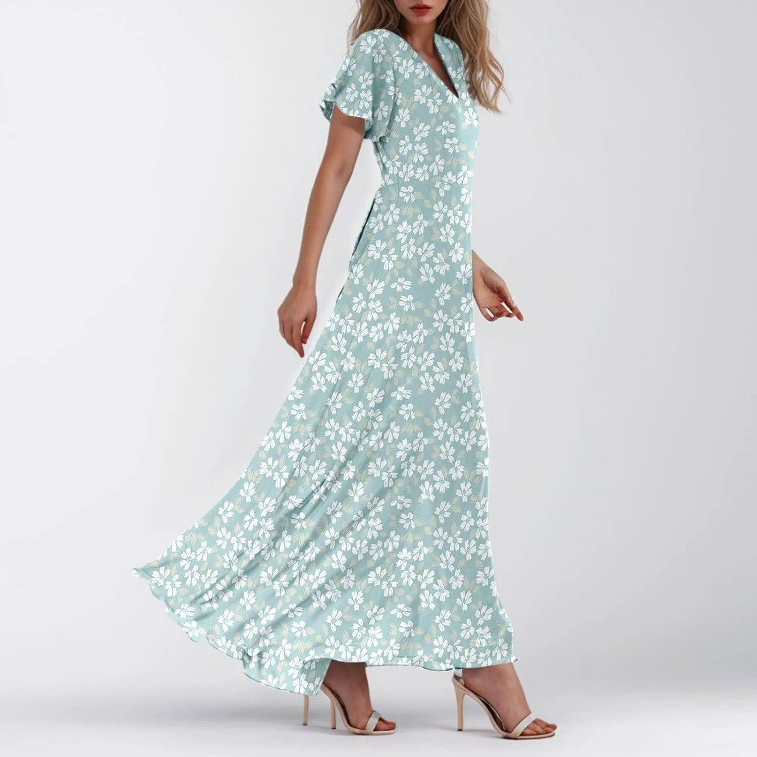 4Th of July Maxi Dresses for Women 2025 Summer Chiffon Ruffle Flowy Swing A Line Dress Short Sleeve Floral Frocks