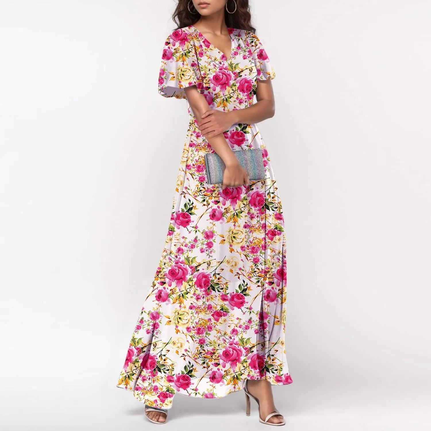 4Th of July Maxi Dresses for Women 2025 Summer Chiffon Ruffle Flowy Swing A Line Dress Short Sleeve Floral Frocks